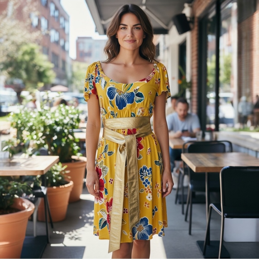 D&G Yellow Floral Midi Dress with Gold Belt and shoulder chain details